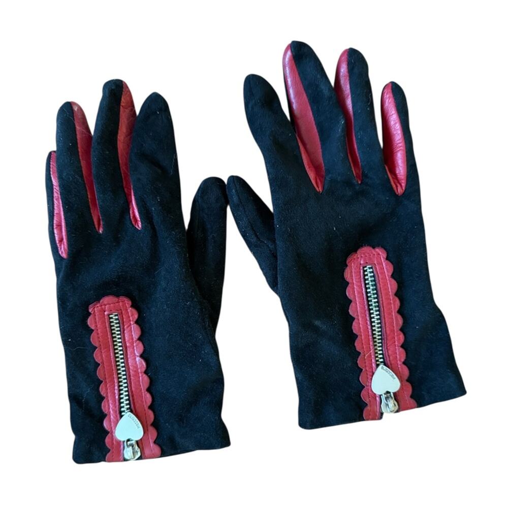 Moschino Black Suede and Red Kid Leather Cashmere Lined Gloves 6.5